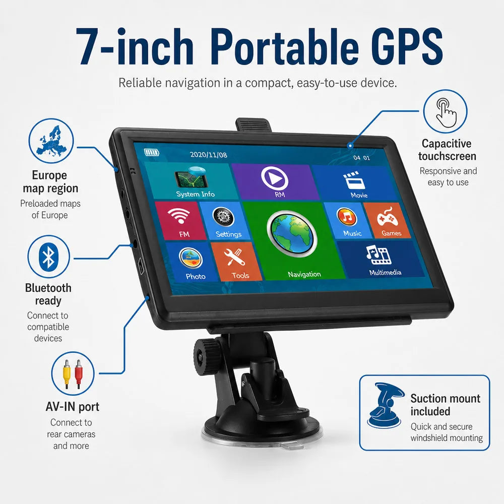 7-inch GPS Navigator with Bluetooth, AV-IN and European Maps