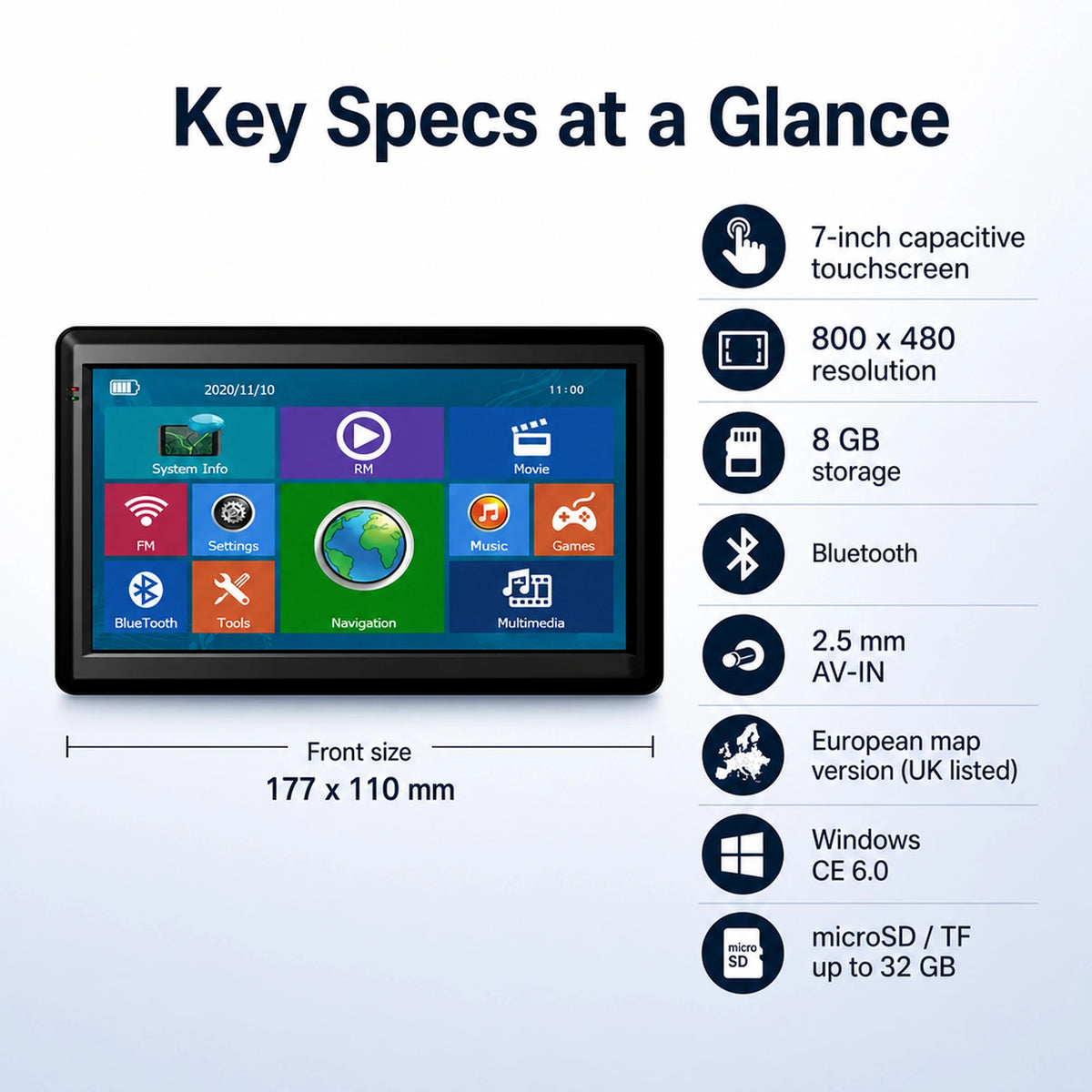 7-inch GPS Navigator with Bluetooth, AV-IN and European Maps