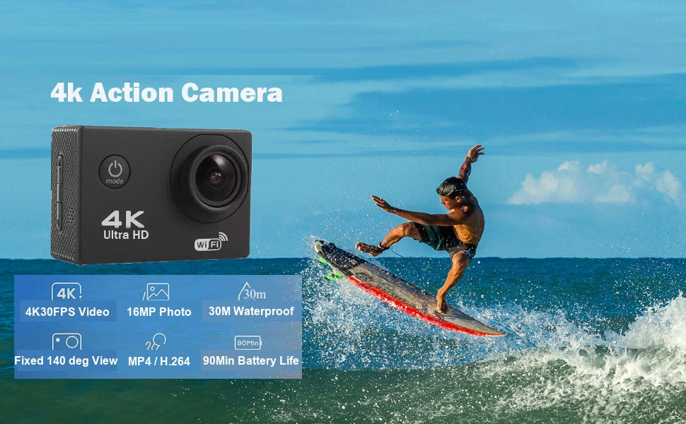 4K Wi-Fi action camera graphic showing 16MP photo, fixed 140 degree view, 30m waterproofing, MP4/H.264 and about 90-minute battery life.