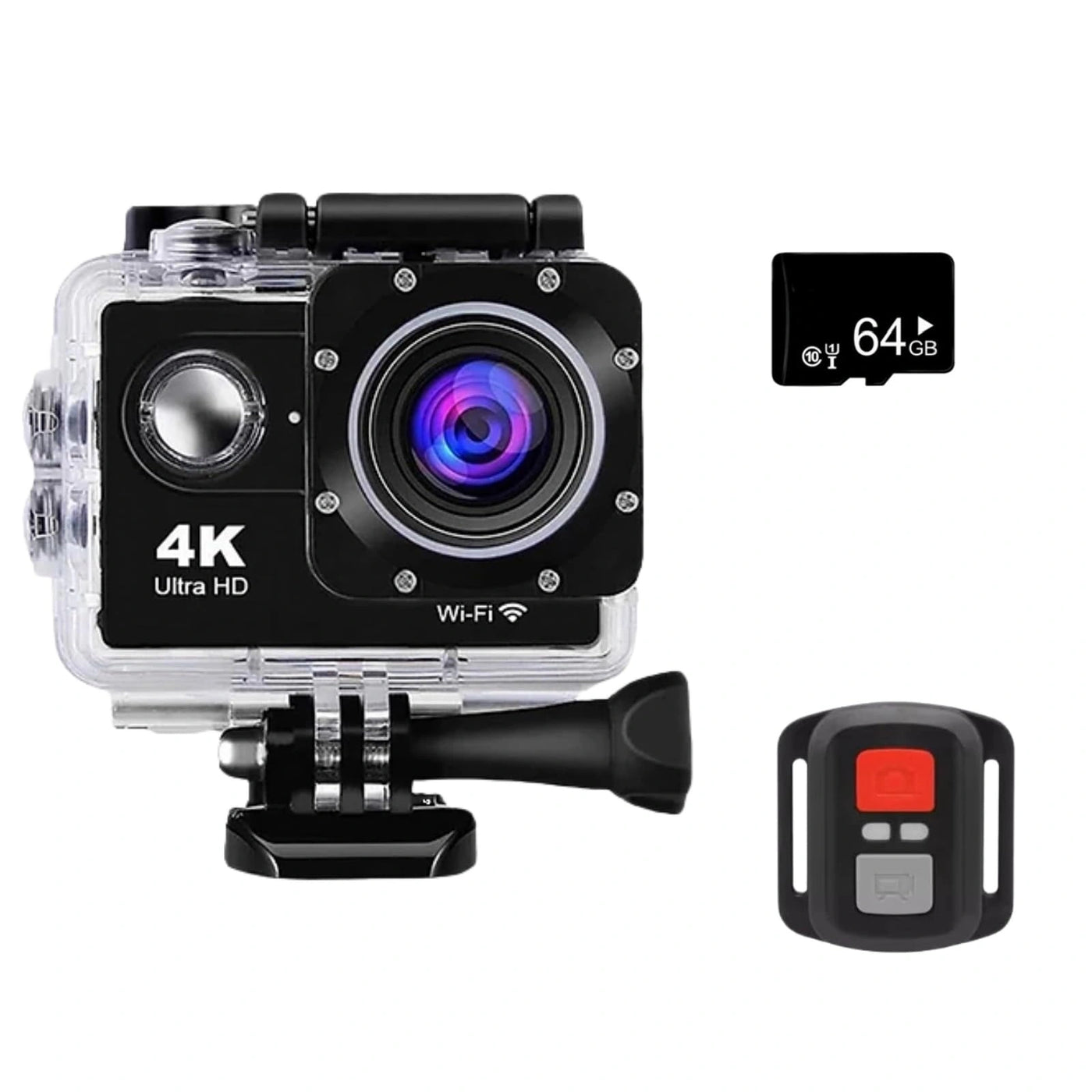 4K Wi-Fi action camera in a waterproof case shown with a 64GB memory card and remote control.