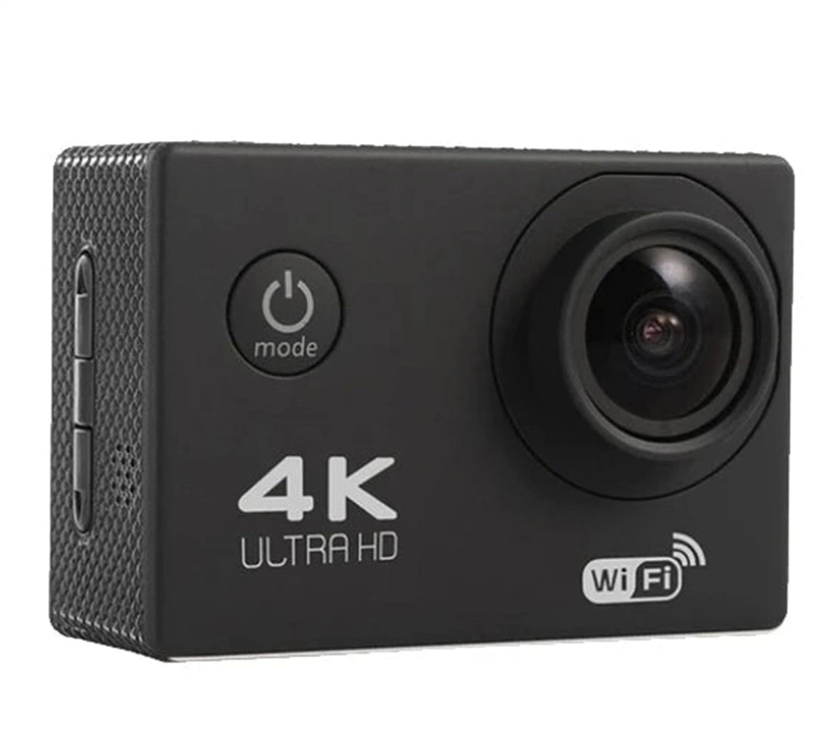 Close-up of a black 4K Wi-Fi action camera.