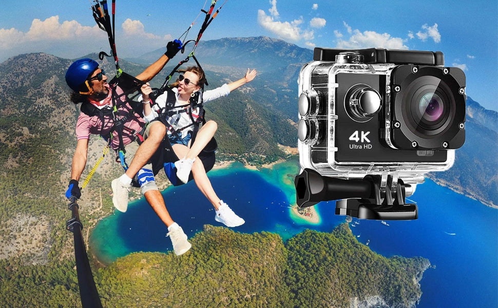 Action camera in a clear waterproof case shown beside a paragliding scene.