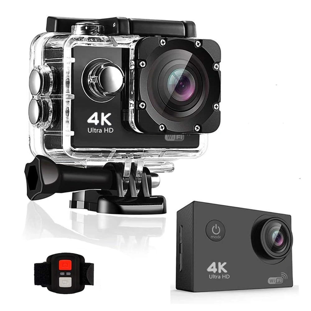 4K Wi-Fi action camera in a clear waterproof case with a wrist remote control.