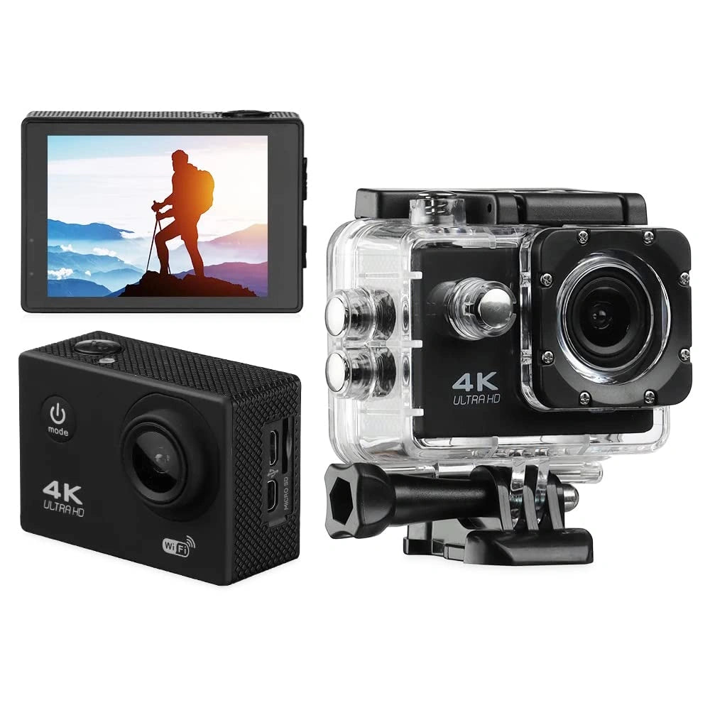 Black 4K Wi-Fi action camera with rear display and clear waterproof case.