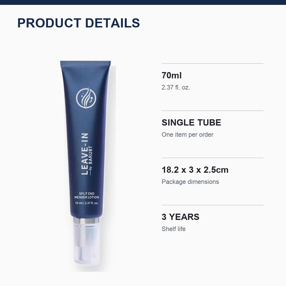 Single 70 ml blue leave-in hair serum tube with package dimensions and shelf-life details