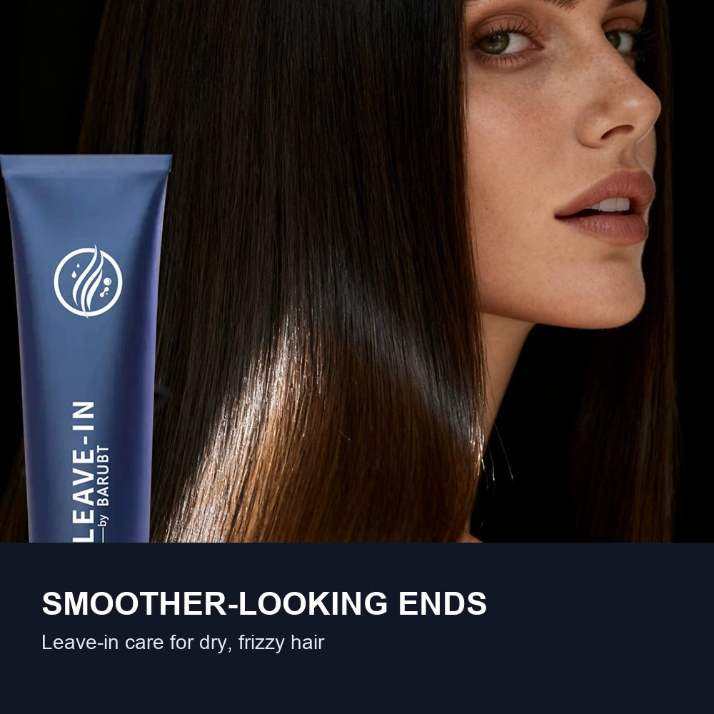 Dark blue leave-in hair serum tube beside long glossy brown hair