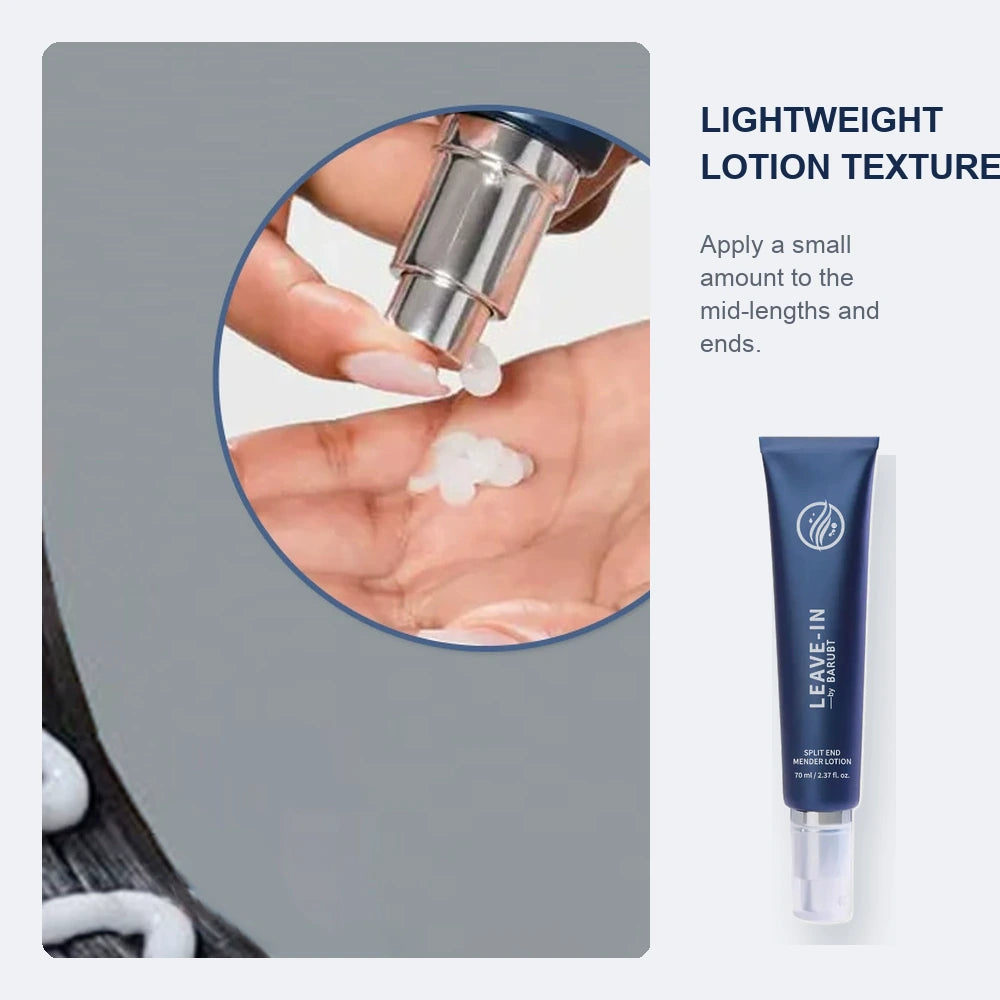 White lotion texture on dark hair beside a blue pump tube and dispensing hand