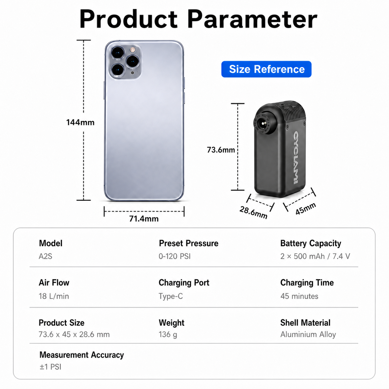 CYCLAMI A2S Electric Bike Pump 120 PSI, Portable Mini Tyre Inflator with Digital Pressure Gauge, Auto Stop and USB-C Rechargeable Battery
