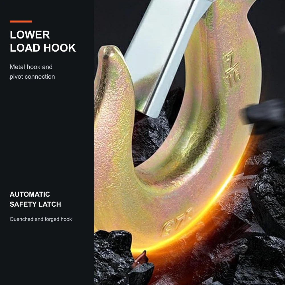 Close view of the metal lower load hook with automatic safety latch and pivot connection