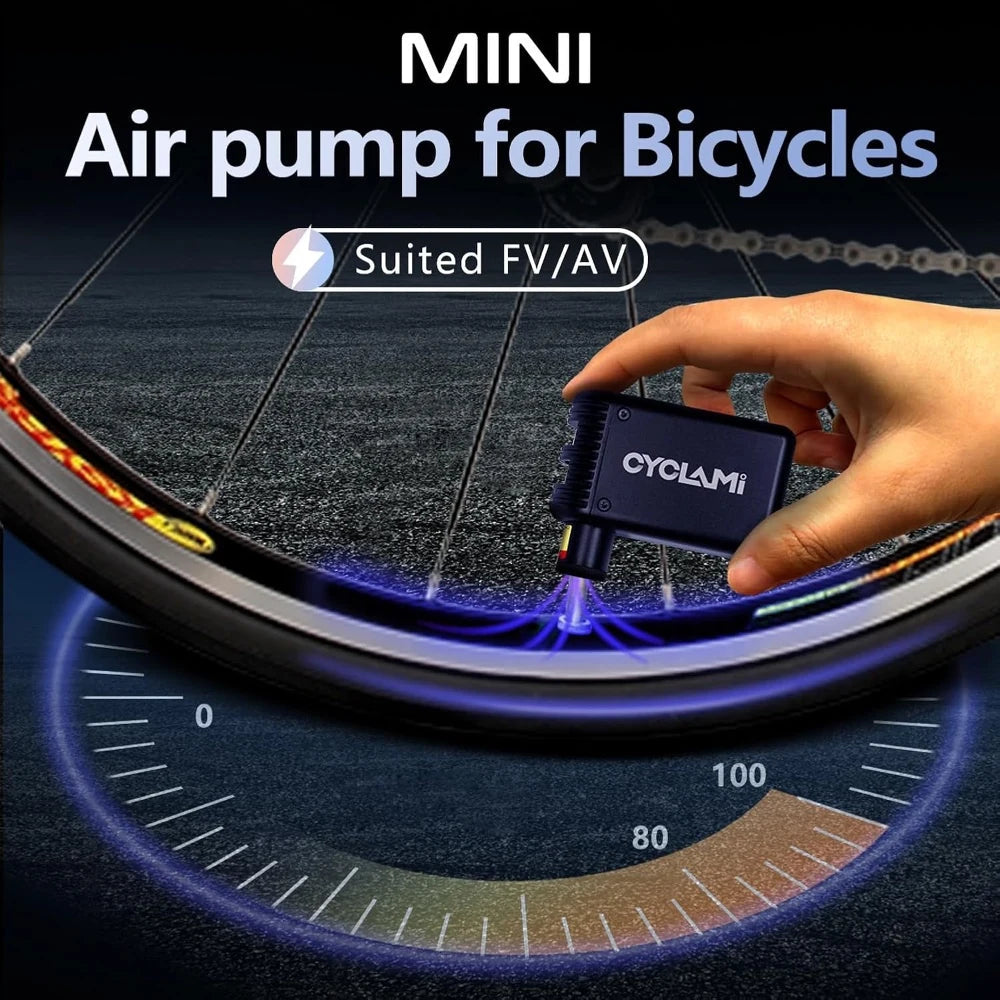 Mini electric pump connected to a bicycle tyre