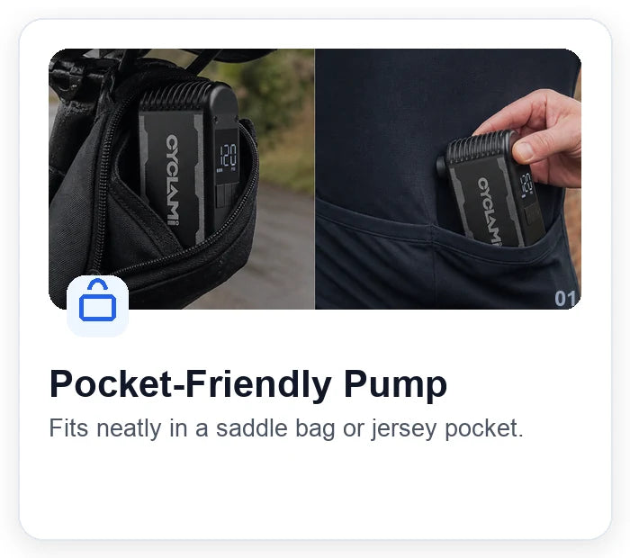 Compact electric pump in a saddle bag and jersey pocket