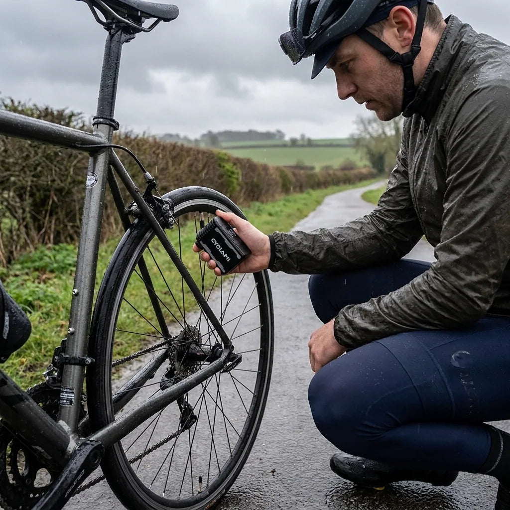 Cyclist using a compact electric pump beside a bicycle in rainy weather