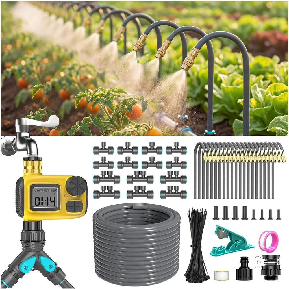 98FT drip irrigation kit with timer, tubing and adjustable emitters