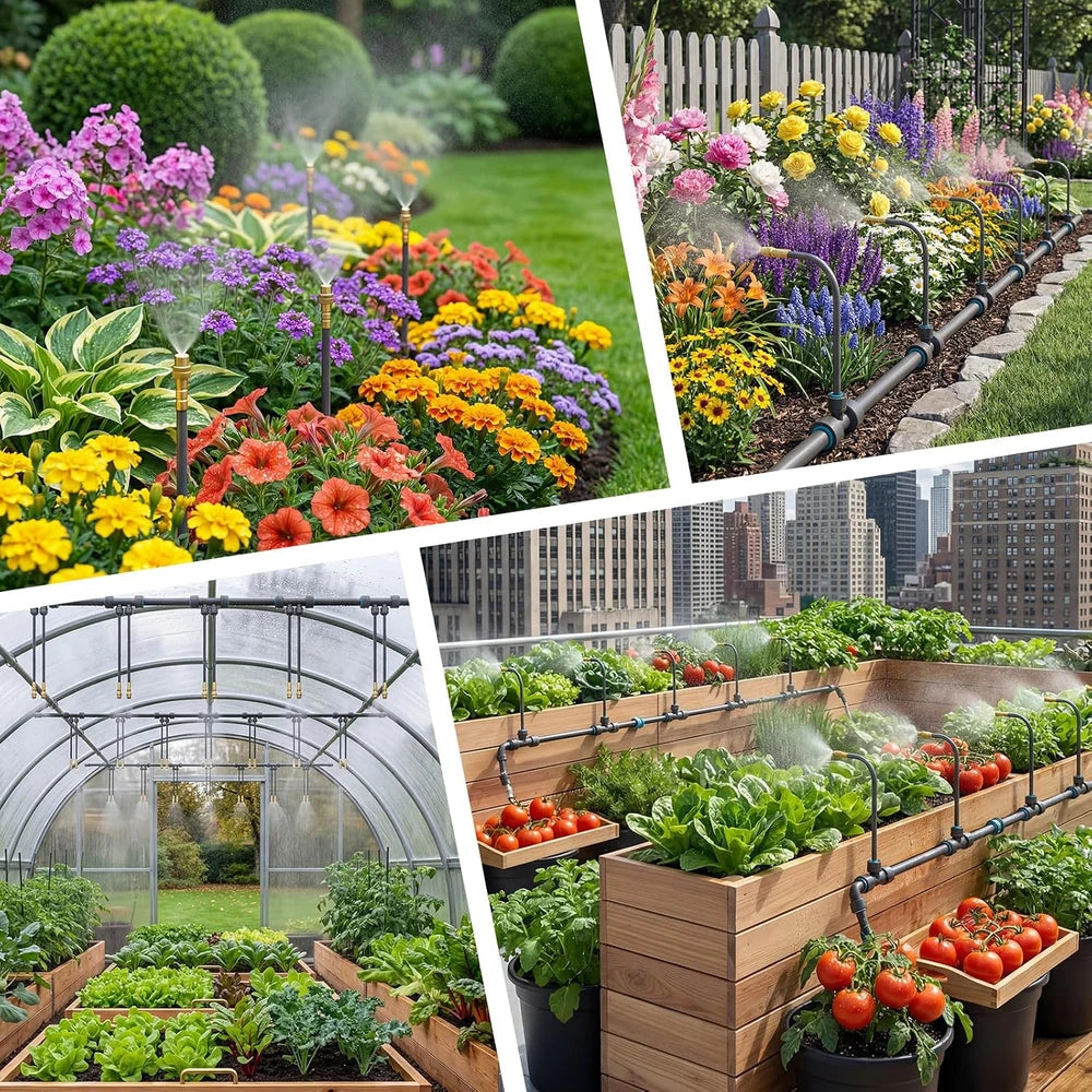 Drip irrigation system watering garden beds, greenhouse and raised planters