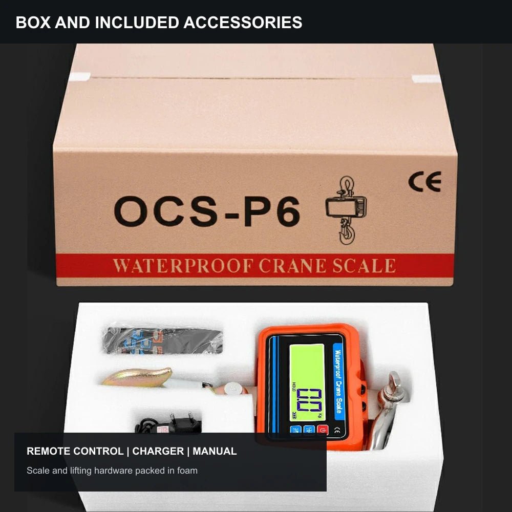 OCS-P6 box above an open foam package containing the orange scale and accessories