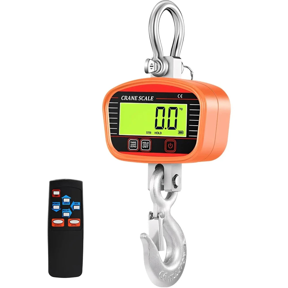 Orange P6 hanging crane scale with LCD display, lifting ring, hook and remote control