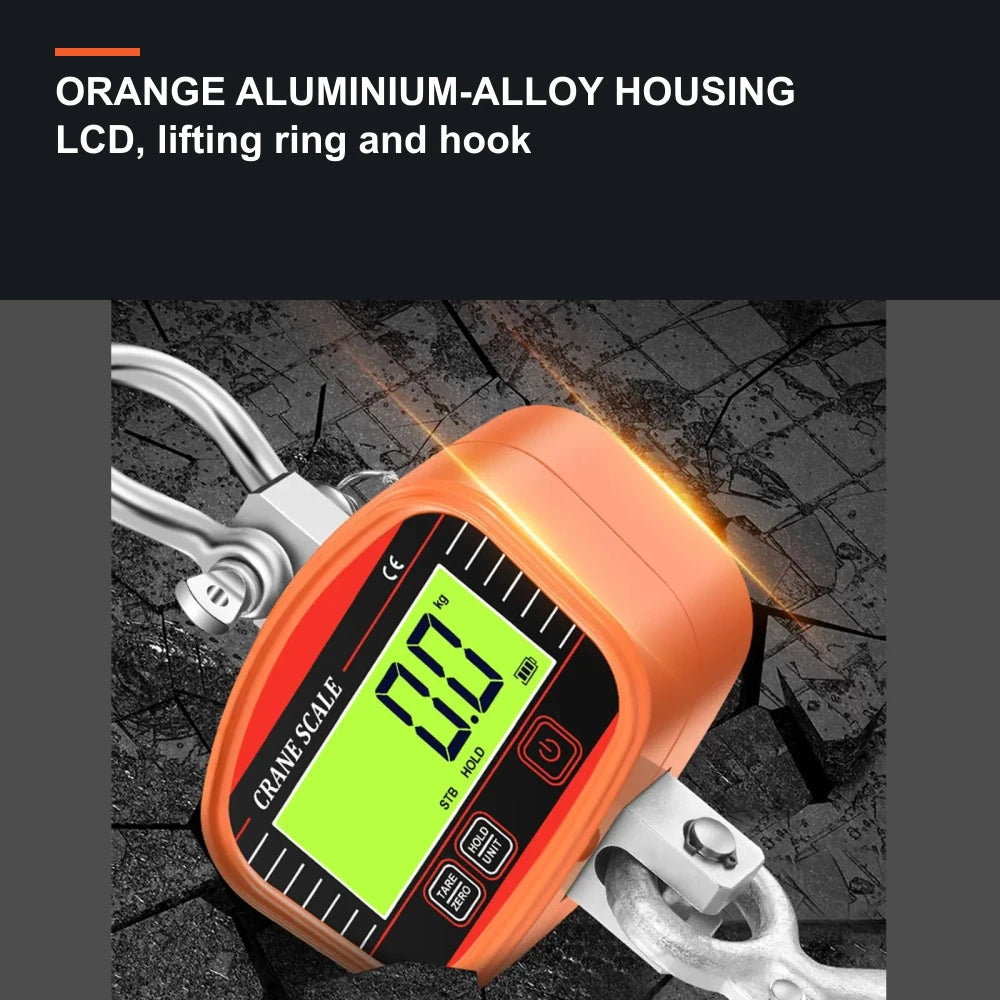 Close view of the orange aluminium-alloy housing, LCD and lifting hardware