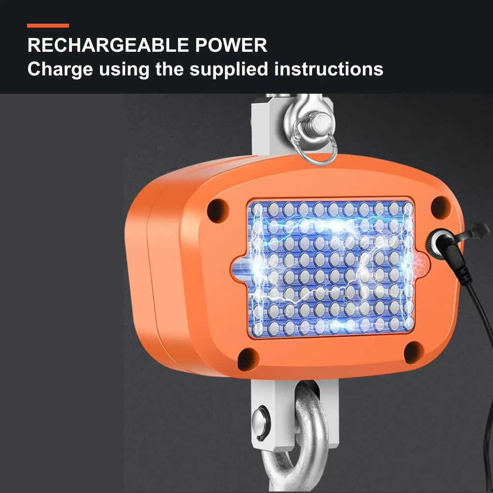 Rear view of rechargeable orange crane scale with charging connection