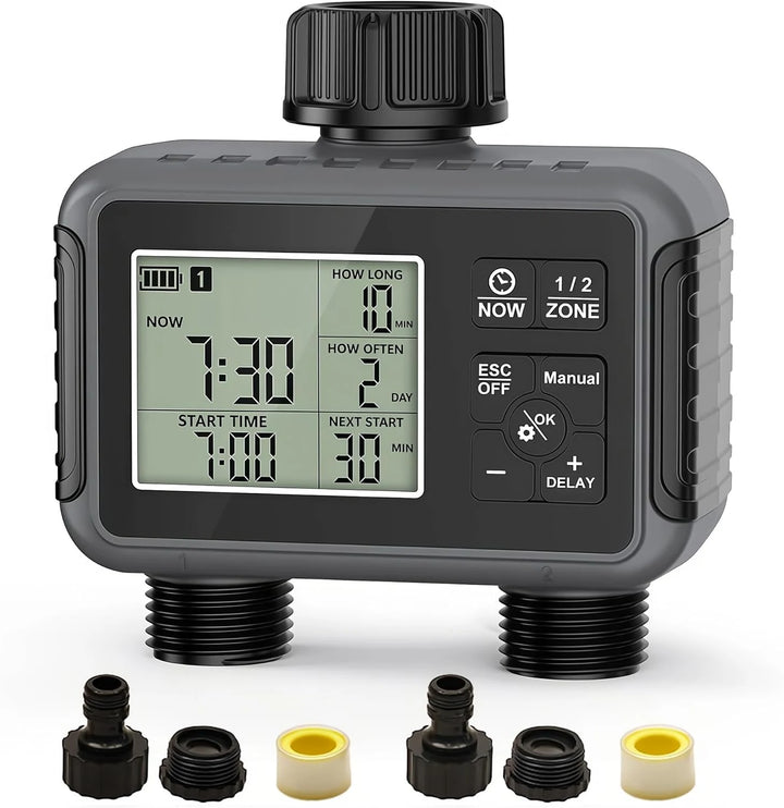 SGW07M dual-zone digital water timer with LCD display, two outlets and connection accessories