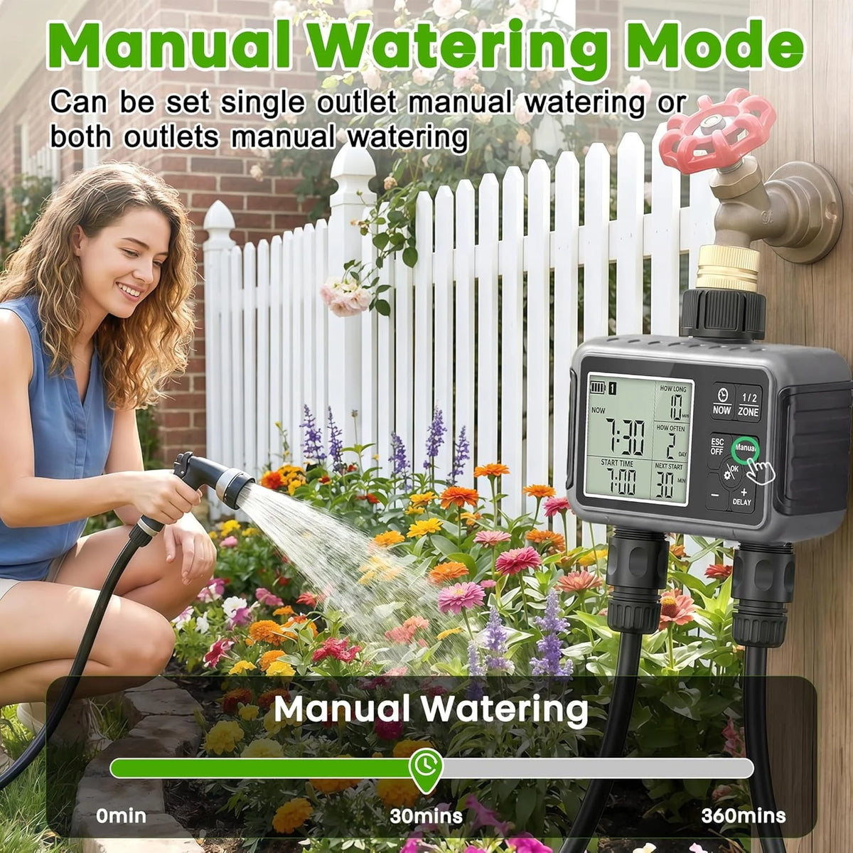 SGW07M dual-outlet water timer operating in manual garden watering mode