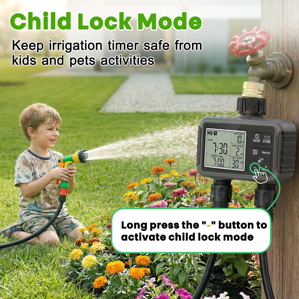 SGW07M garden water timer child lock mode for preventing accidental setting changes