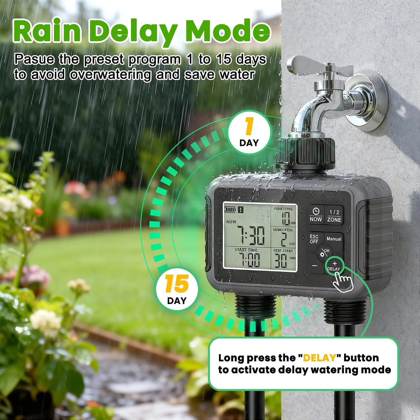 SGW07M digital water timer rain delay mode adjustable from 1 to 15 days