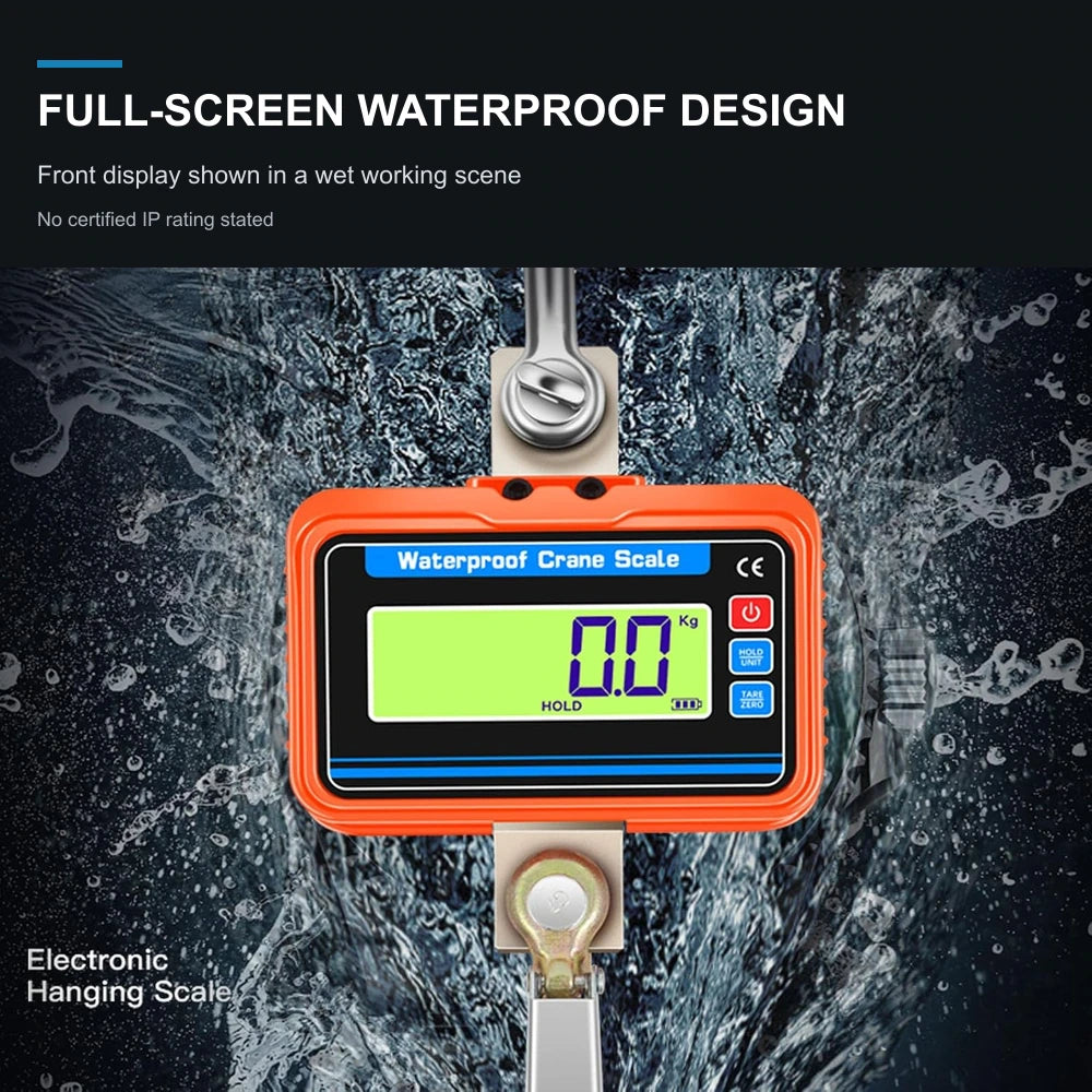 Orange hanging crane scale with LCD display shown against splashing water